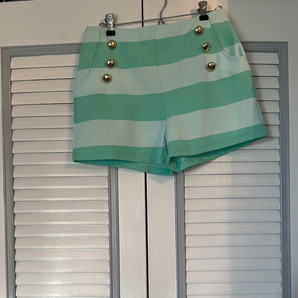 Sail to Sable Mint Green High Waist Striped Shorts